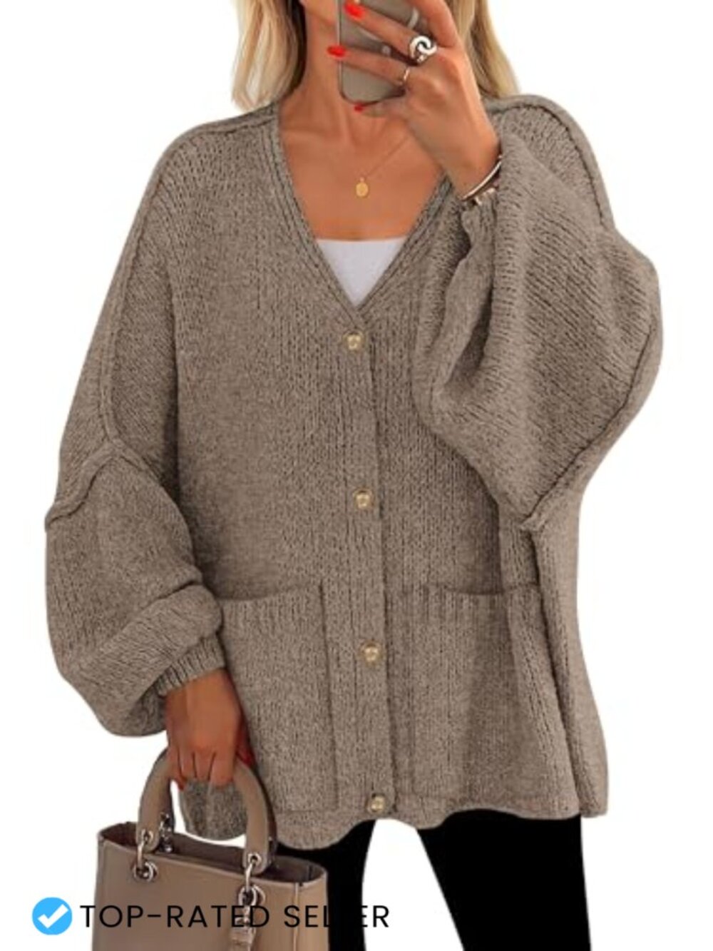 Oversized Chunky Cardigan V-Neck Lantern Sleeve Button Down Sweater